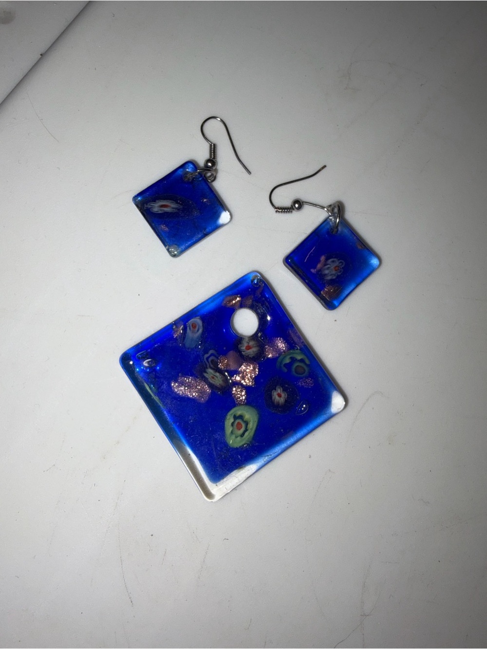 Handmade Fused Glass Millefiori Pendant & Earrings set Cobalt blue Art Glass EUC